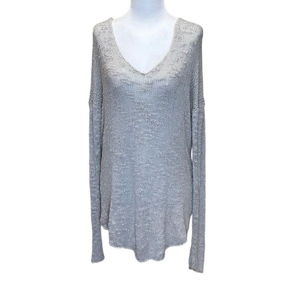 Helmut Lang, Silk Knit, Crochet V-Neck Sweater, Relaxed Fit Size L, Gray / Cream - Picture 3 of 13